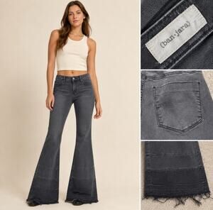 Ban.jara Grunge Women's Flare Jeans Frayed Hem Faded Black Denim 7/27 Festival